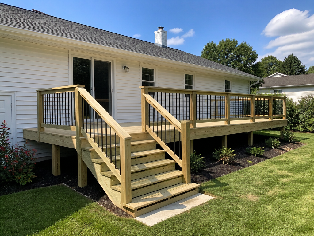 New pressure-treated wood deck with stairs and black railings on a suburban home