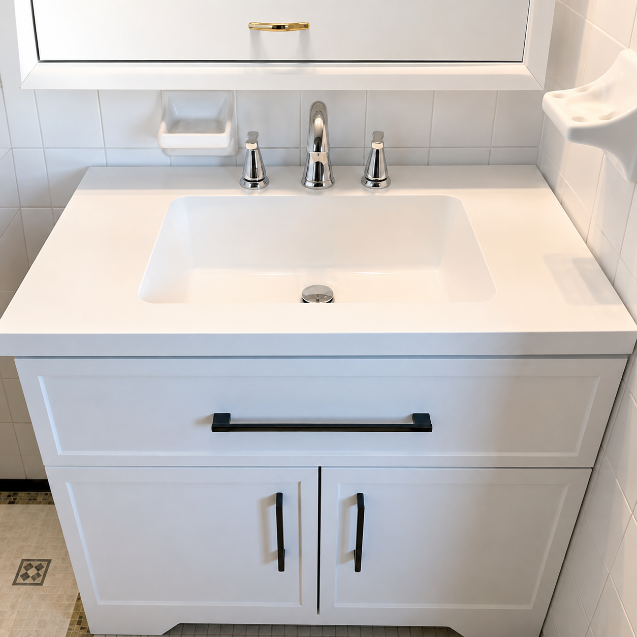 New white bathroom vanity with chrome faucet and black hardware