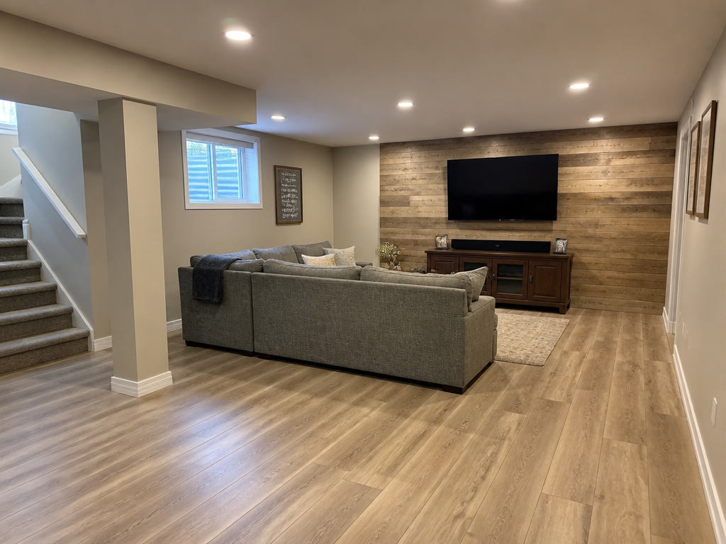 Finished basement living space with wood accent wall, recessed lighting and luxury vinyl plank flooring