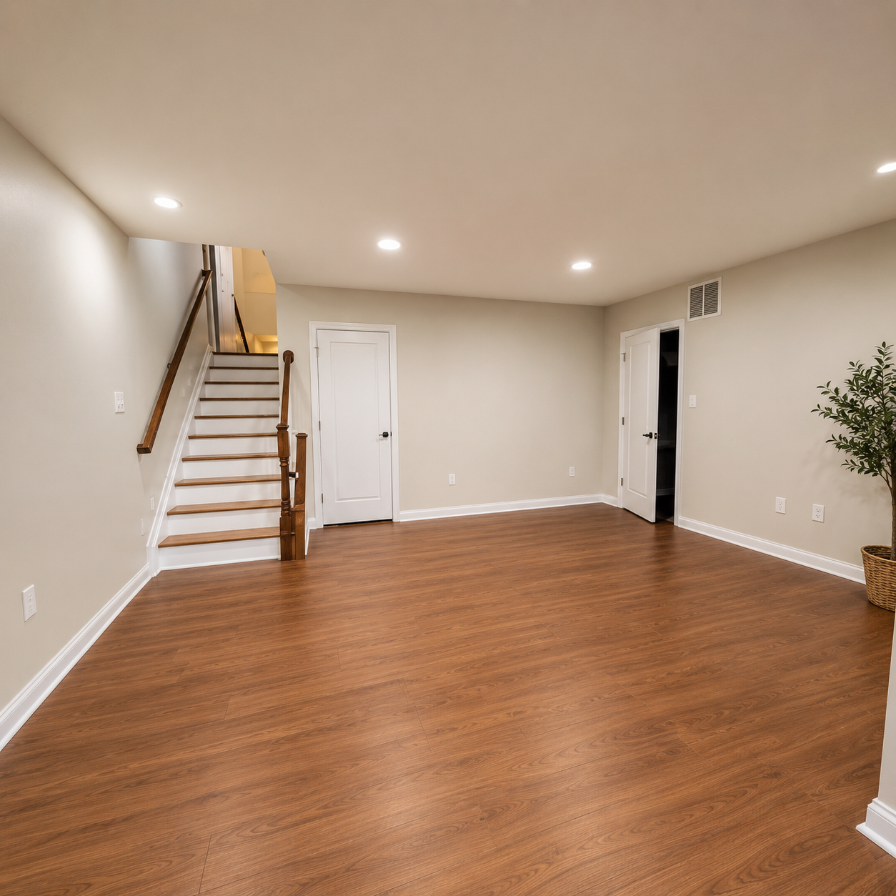 Finished basement living area with staircase, recessed lighting and hardwood-look flooring